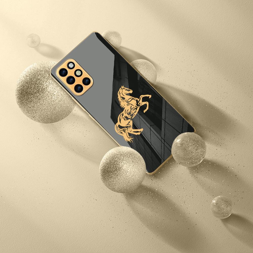 Luxury Horse Pattern Glass Back Case With Golden Edges For Oneplus 8T