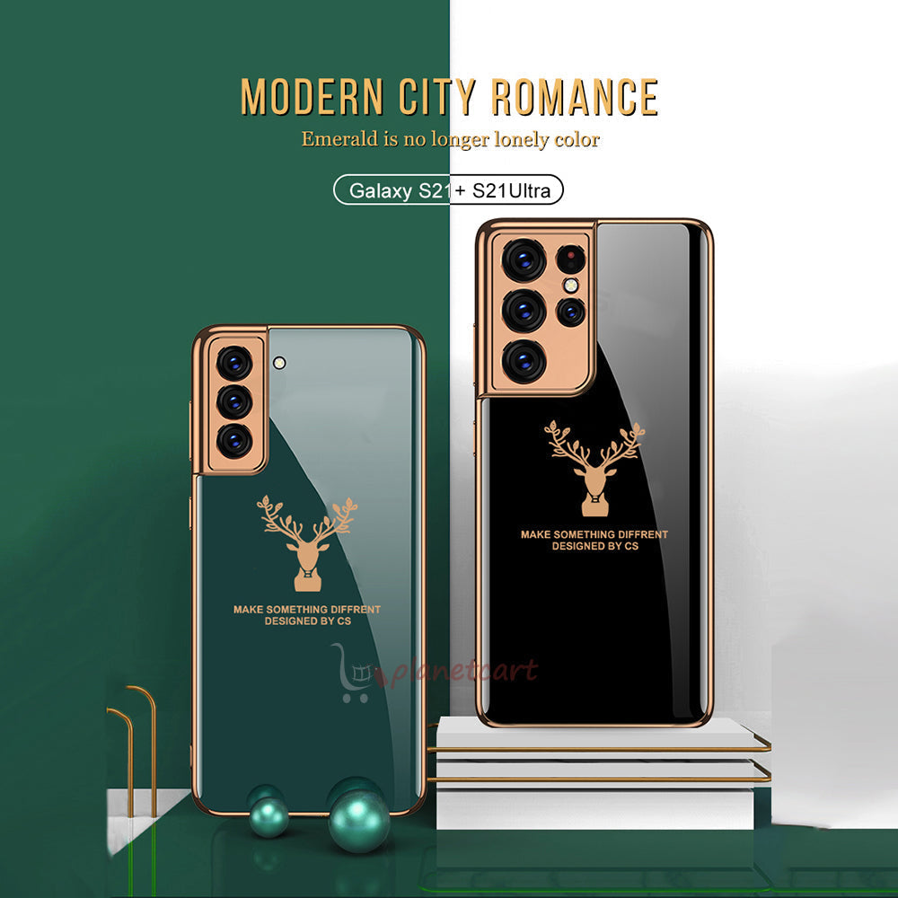 Luxury Golden Edges Deer Pattern Glass Back Case For Samsung Galaxy S21 - Premium Cases