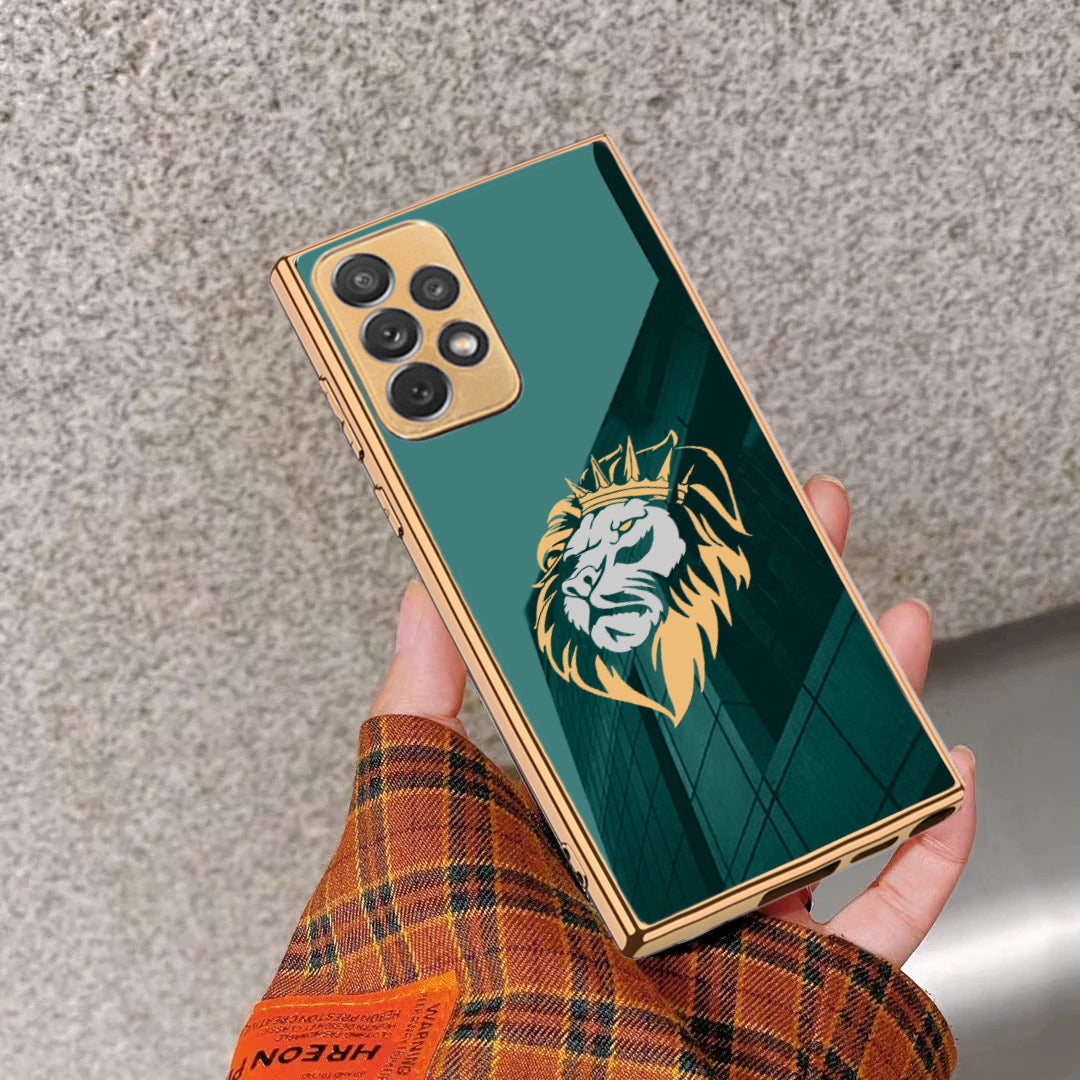 Luxury Lion Glass Back Case With Golden Edges For Samsung A73