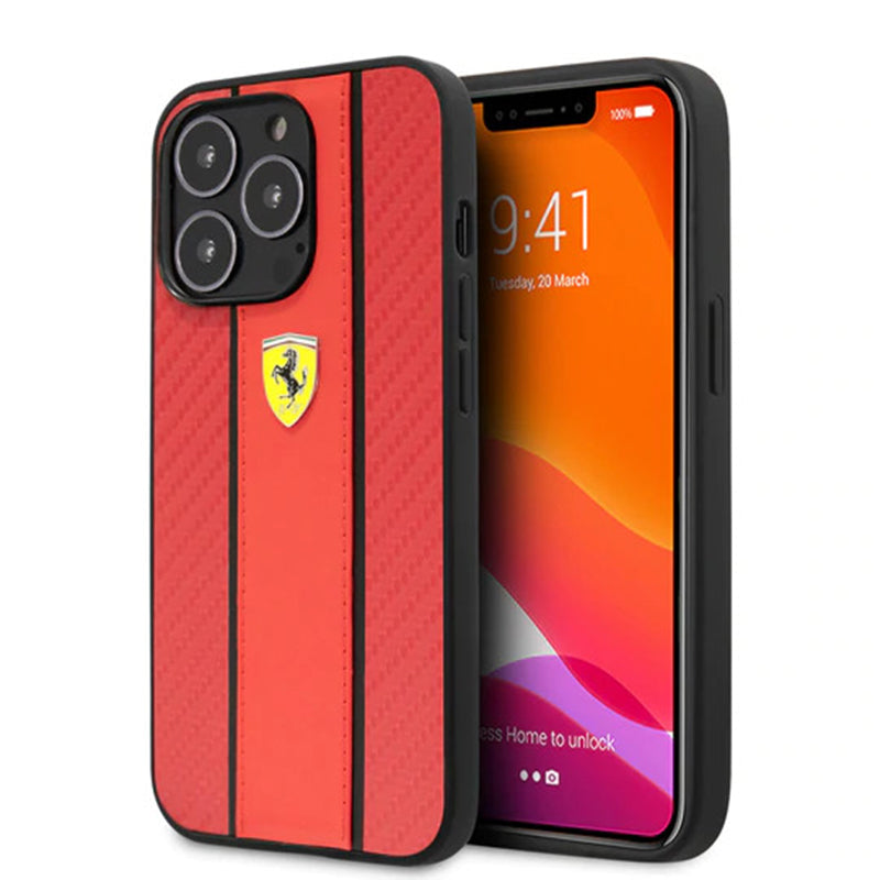 Ferrari Red Pu Leather Carbon Effect & Central Smooth Stripe Back Case with Metal Logo for iPhone 13 Pro - Premium Cases