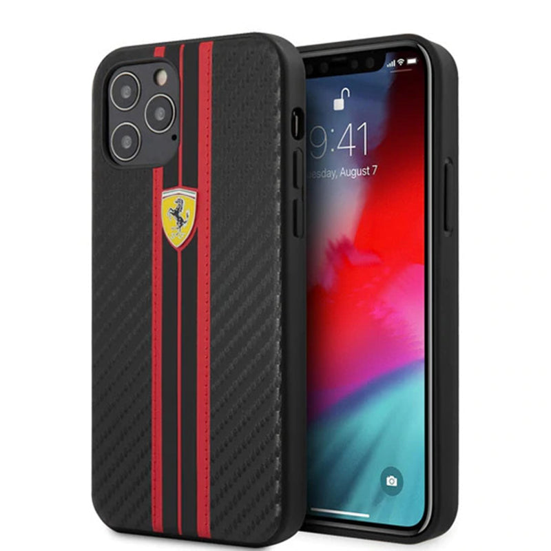 Ferrari Black Pu Leather Carbon Effect & Central Smooth Stripe Back Case with Metal Logo for iPhone 13 - Premium Cases