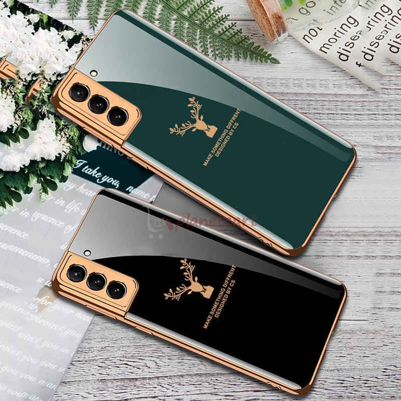 Luxury Golden Edges Deer Pattern Glass Back Case For Samsung Galaxy S21 Plus - Premium Cases