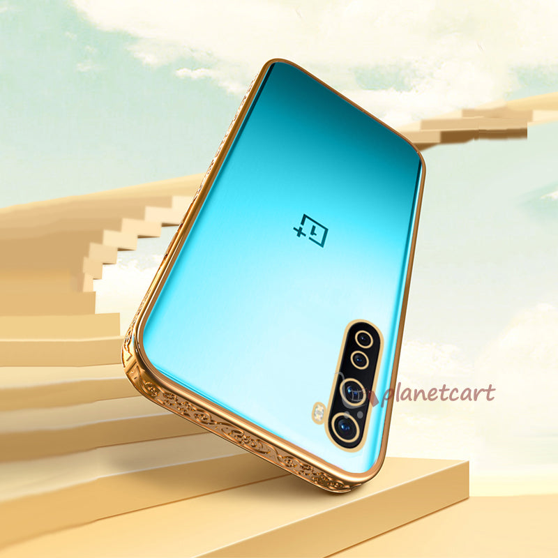 Premium Luxury 3D Flower Carved Plating Electroplated Side Frame Transparent Back Case Cover for OnePlus Nord