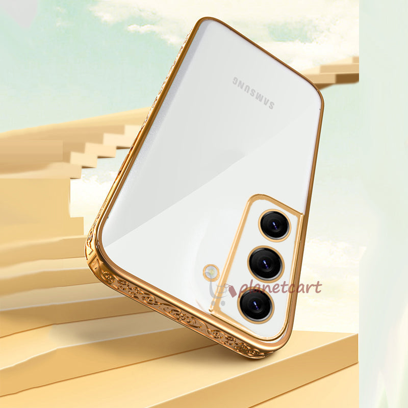 Premium Luxury 3D Flower Carved Plating Electroplated Side Frame Transparent Back Case Cover for Samsung Galaxy S22 Plus