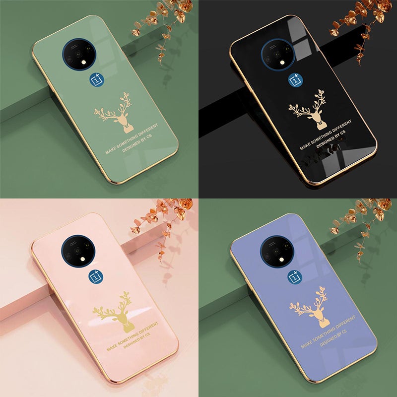 Deer Luxurious Gold Edge Glass Back Case For Oneplus 7T - planetcartonline