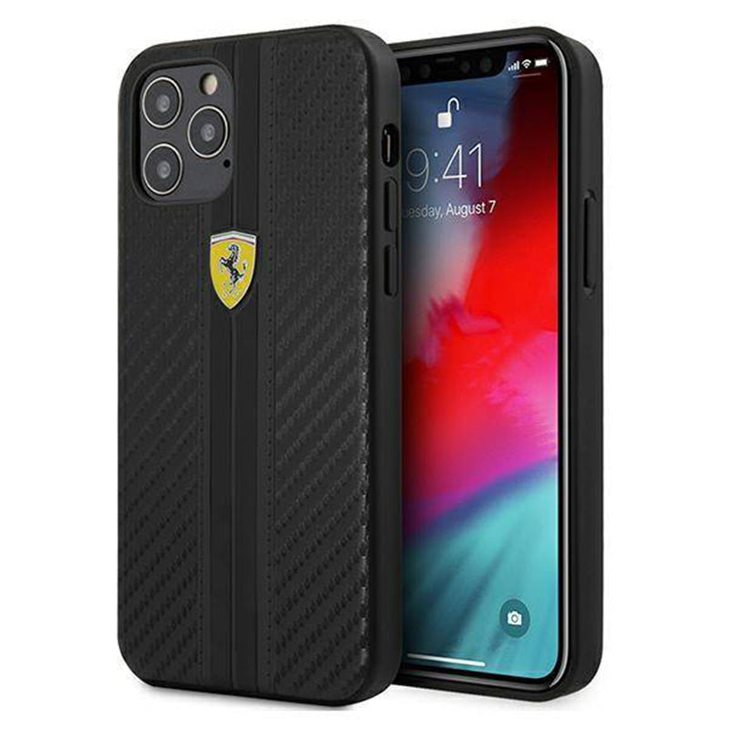 Ferrari Black Pu Leather Carbon Effect & Central Smooth Stripe Back Case with Metal Logo for iPhone 13 - Premium Cases