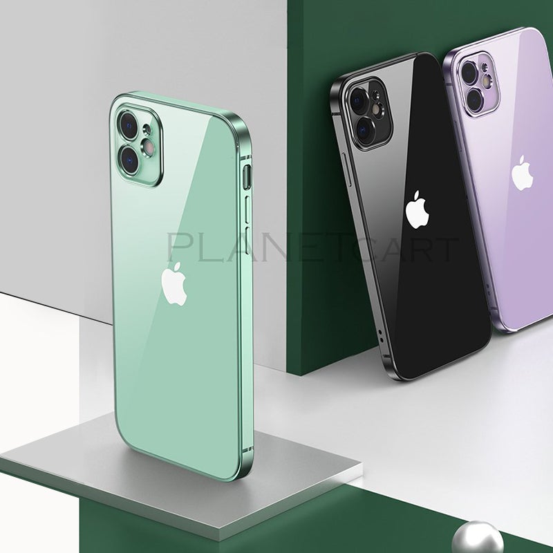 Luxury Square Silicon Clear Case With Glass Camera Lens Protection For iPhone 12