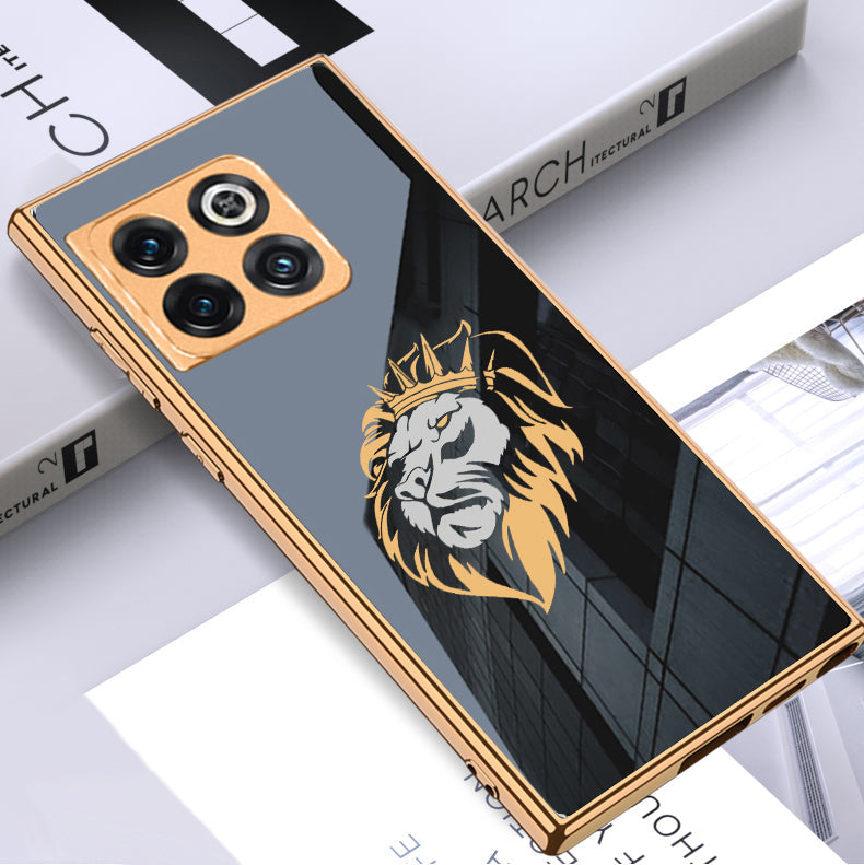 Luxury Premium Glass Lion Back Case With Golden Edges For Oneplus 10T