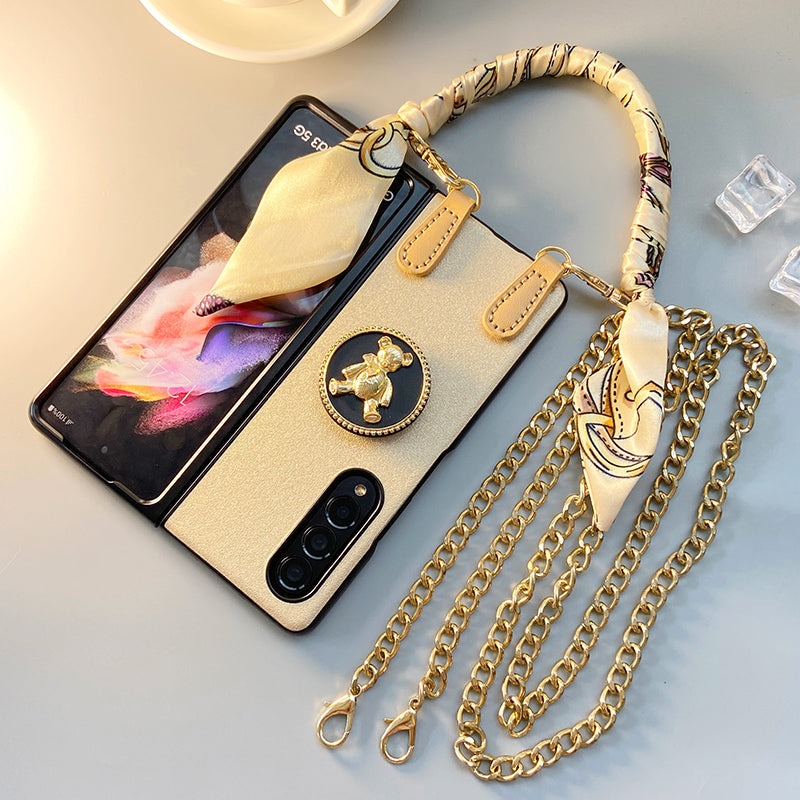 Luxury Printed Scarf Chain Bracelet And Chain Bear case for Samsung Galaxy Z Fold 4