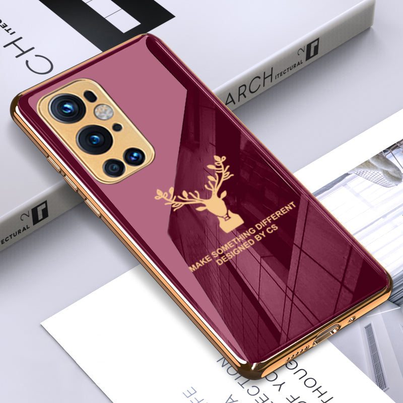 Premium Luxury Deer Pattern Electroplated Glass Back Case With Golden Edges For OnePlus 9 Pro