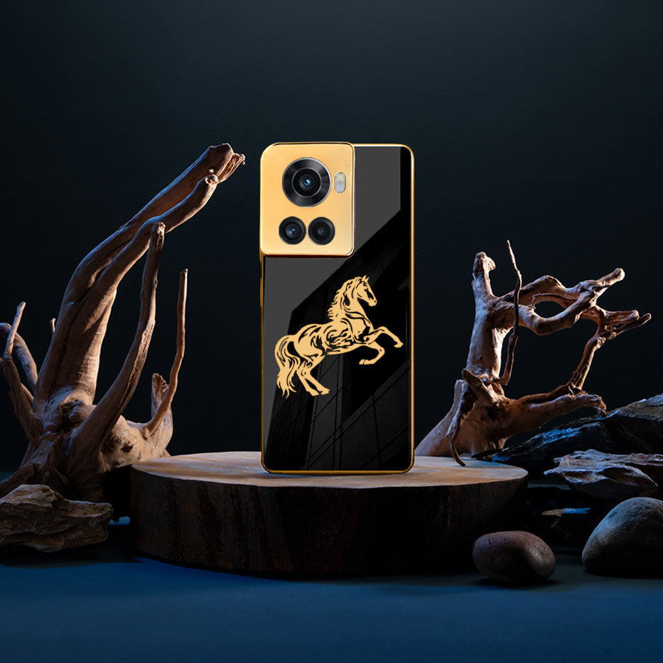 Luxury Horse Pattern Glass Back Case With Golden Edges For Oneplus 10R
