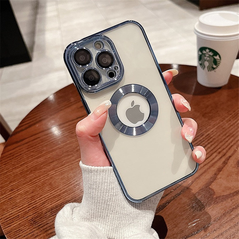 Premium Electroplated Luxury Square Silicon Clear Logo Cut Camera Protection Back Case Cover For iPhone 14 Pro