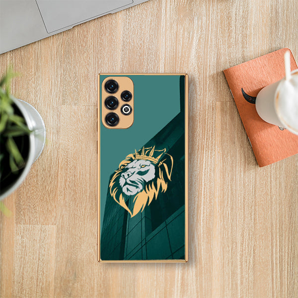 Luxury Lion Glass Back Case With Golden Edges For Samsung A33