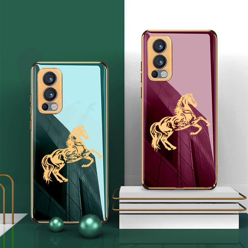 Horse Pattern Glass Back Case With Golden Edges For Oneplus Nord 2