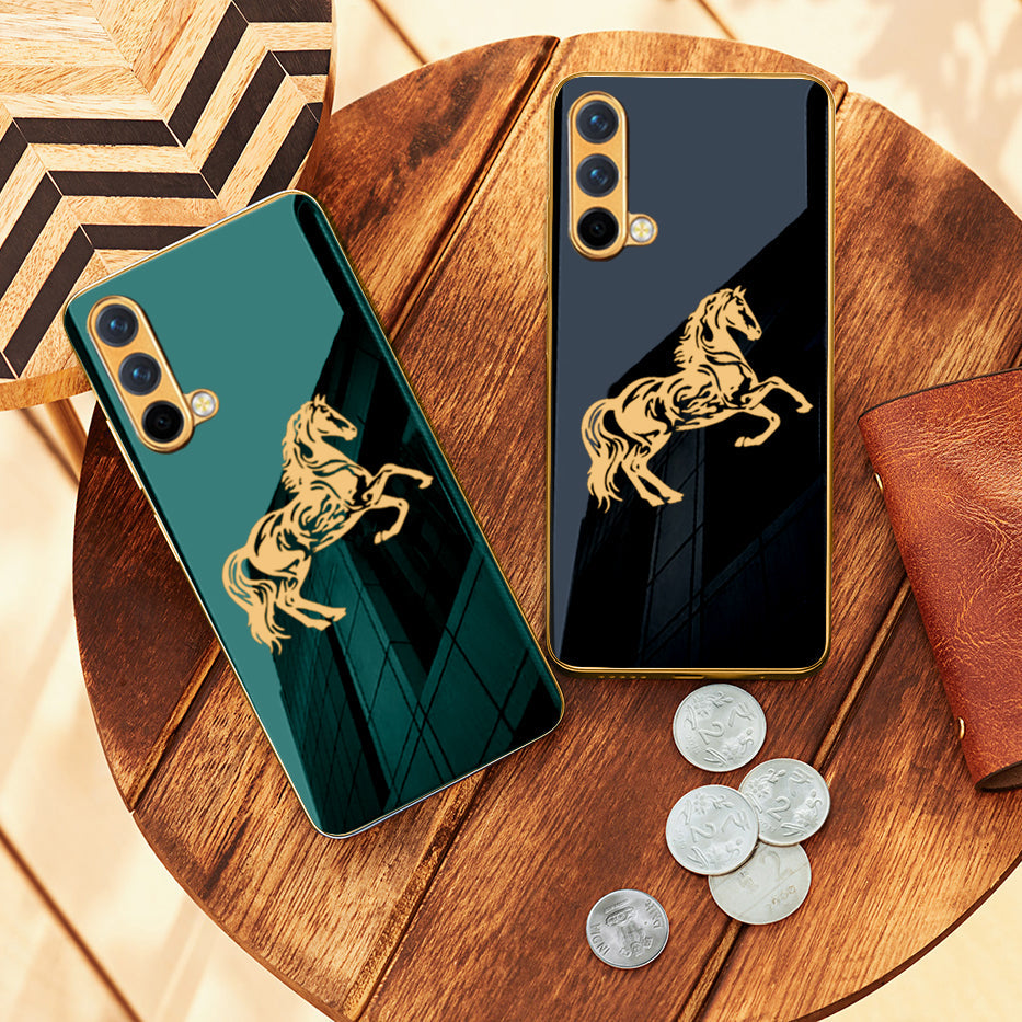 Luxury Horse Pattern Glass Back Case With Golden Edges For Oneplus Nord CE