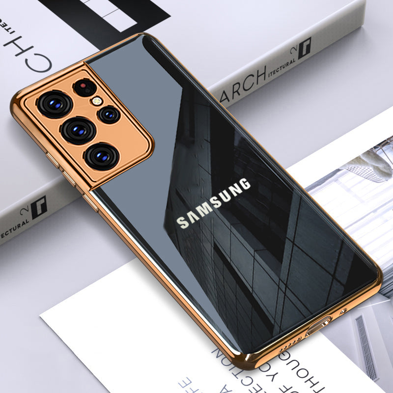 Premium Glossy Gold Edge Glass Back Case For Samsung Galaxy S21 Ultra