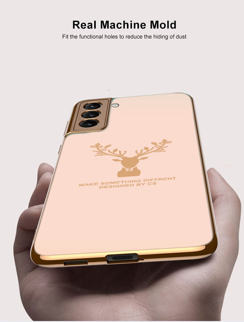 Luxury Golden Edges Deer Glass Back Case For Samsung Galaxy S21 Plus - Premium Cases