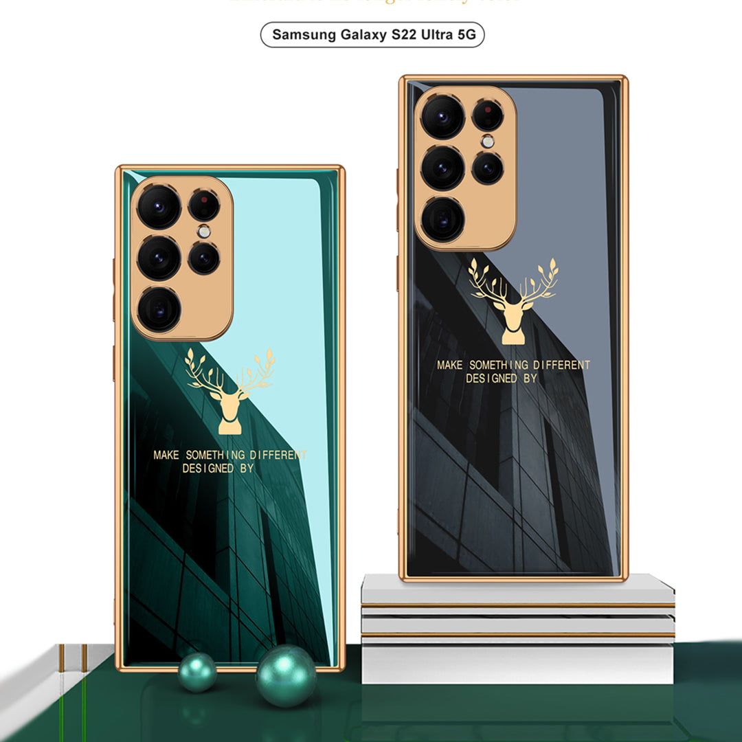 Premium Luxury Deer Pattern Electroplated Glass Back Case With Golden Edges For Samsung Galaxy S22 Ultra