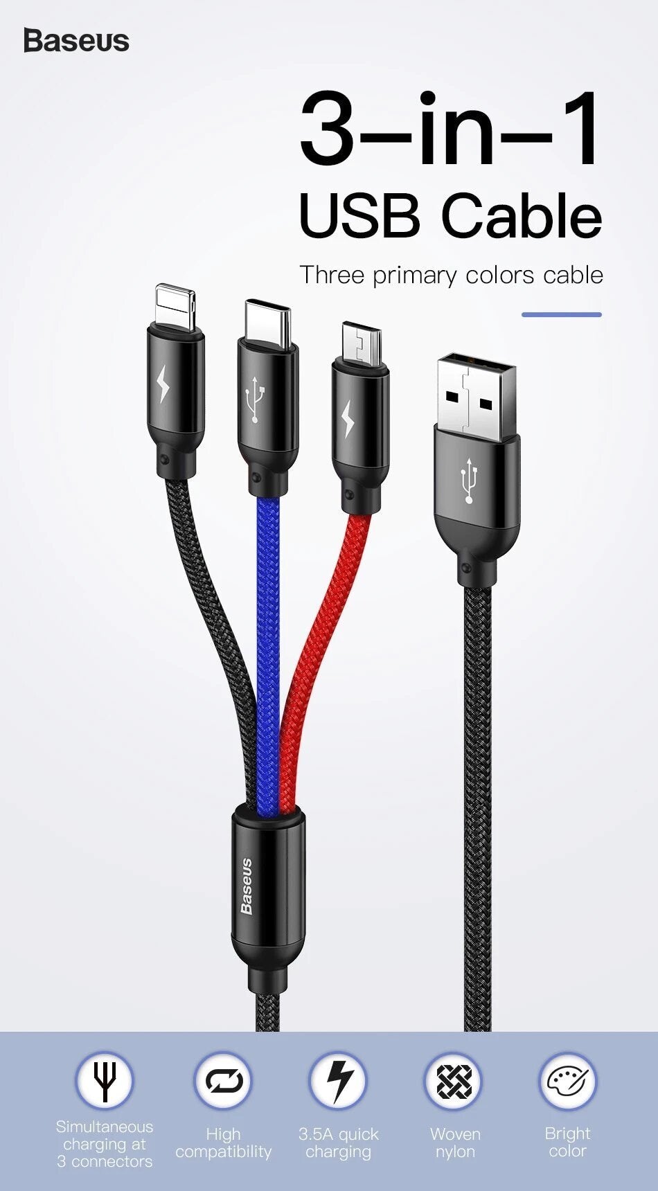 Baseus 3in1, 3.5A High Speed Data Sync & Charging Cable for Type C, iPhone & Micro USB Mobiles - Planetcart
