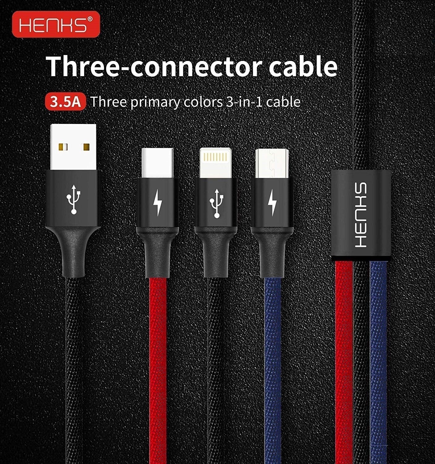 Henks Multi USB 3 in 1 3.5A Charging Nylon Data Cable Supports All Smartphone Devices - Planetcart