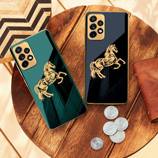 Luxury Horse Pattern Glass Back Case With Golden Edges For Samsung A73