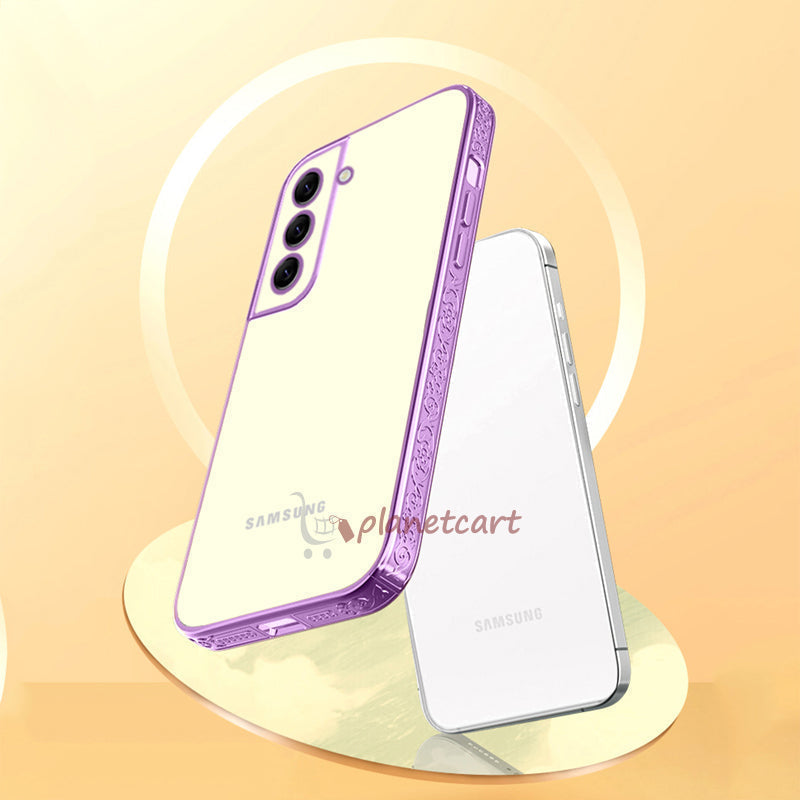 Premium Luxury 3D Flower Carved Plating Electroplated Side Frame Transparent Back Case Cover for Samsung Galaxy S22 Plus