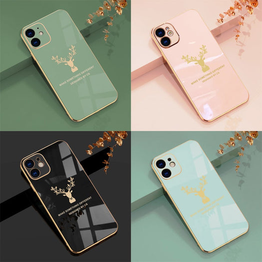 Luxurious Deer Glass Back Case With Golden Edges For iPhone 12 - planetcartonline