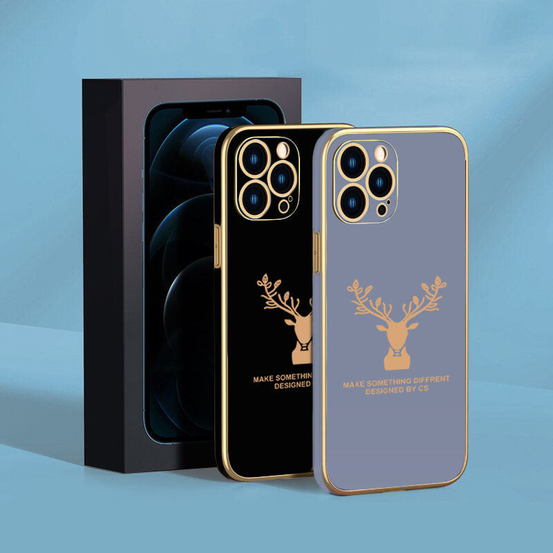 Luxury Golden Edges Deer Glass Back Case For iPhone 13 Pro - Premium Cases