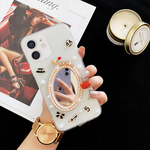 Luxury Transparent 3D Pearl Bow Plating Makeup Mirror Girlish Phone Case for Apple iPhone 12