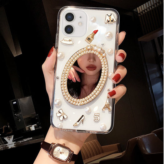 Luxury Transparent 3D Pearl Bow Plating Makeup Mirror Girlish Phone Case for Apple iPhone 12