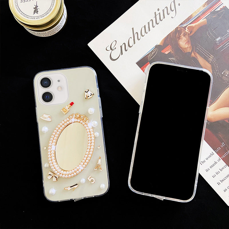 Luxury Transparent 3D Pearl Bow Plating Makeup Mirror Girlish Phone Case for Apple iPhone 11
