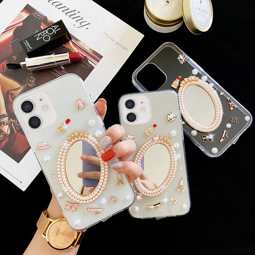 Luxury Transparent 3D Pearl Bow Plating Makeup Mirror Girlish Phone Case for Apple iPhone 12