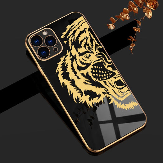 Luxurious Tiger Glass Back Case With Golden Edges For iPhone 12 Pro