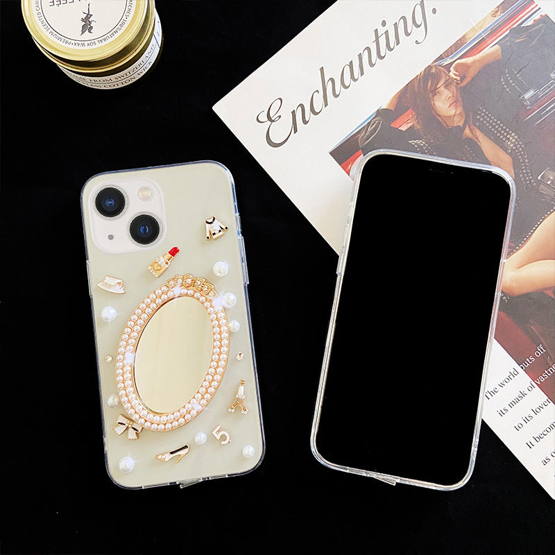 Luxury Transparent 3D Pearl Bow Plating Makeup Mirror Girlish Phone Case for Apple iPhone 13