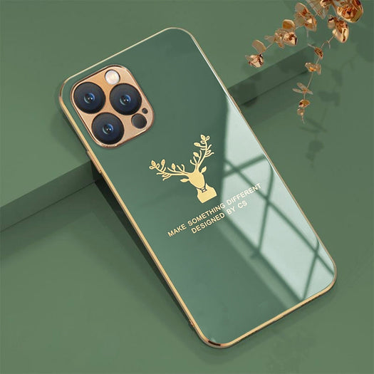 Luxurious Deer Glass Back Case With Golden Edges For iPhone 13 Pro Max