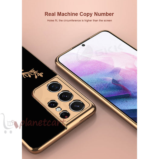 Luxury Golden Edges Deer Pattern Glass Back Case For Samsung Galaxy S21 Plus - Premium Cases