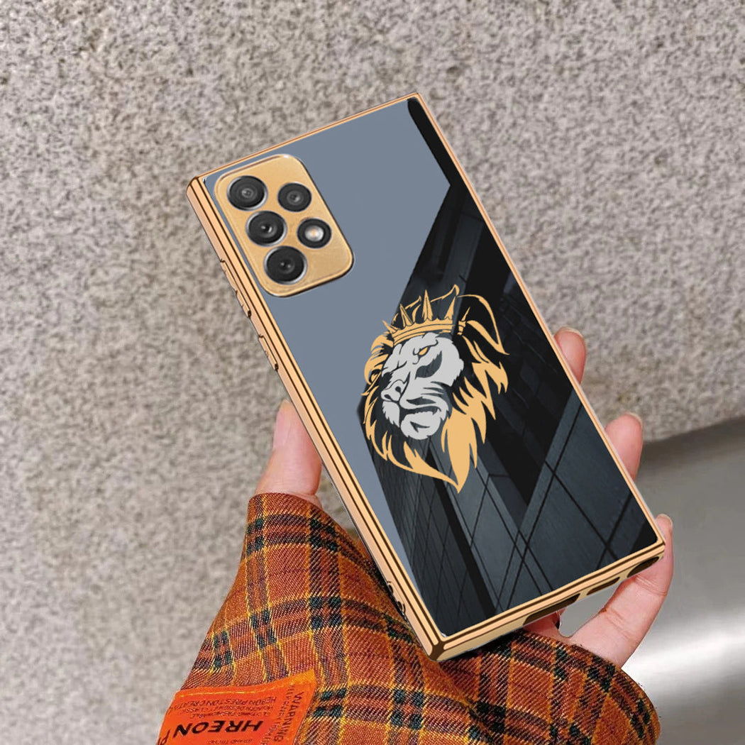 Luxury Lion Glass Back Case With Golden Edges For Samsung A53