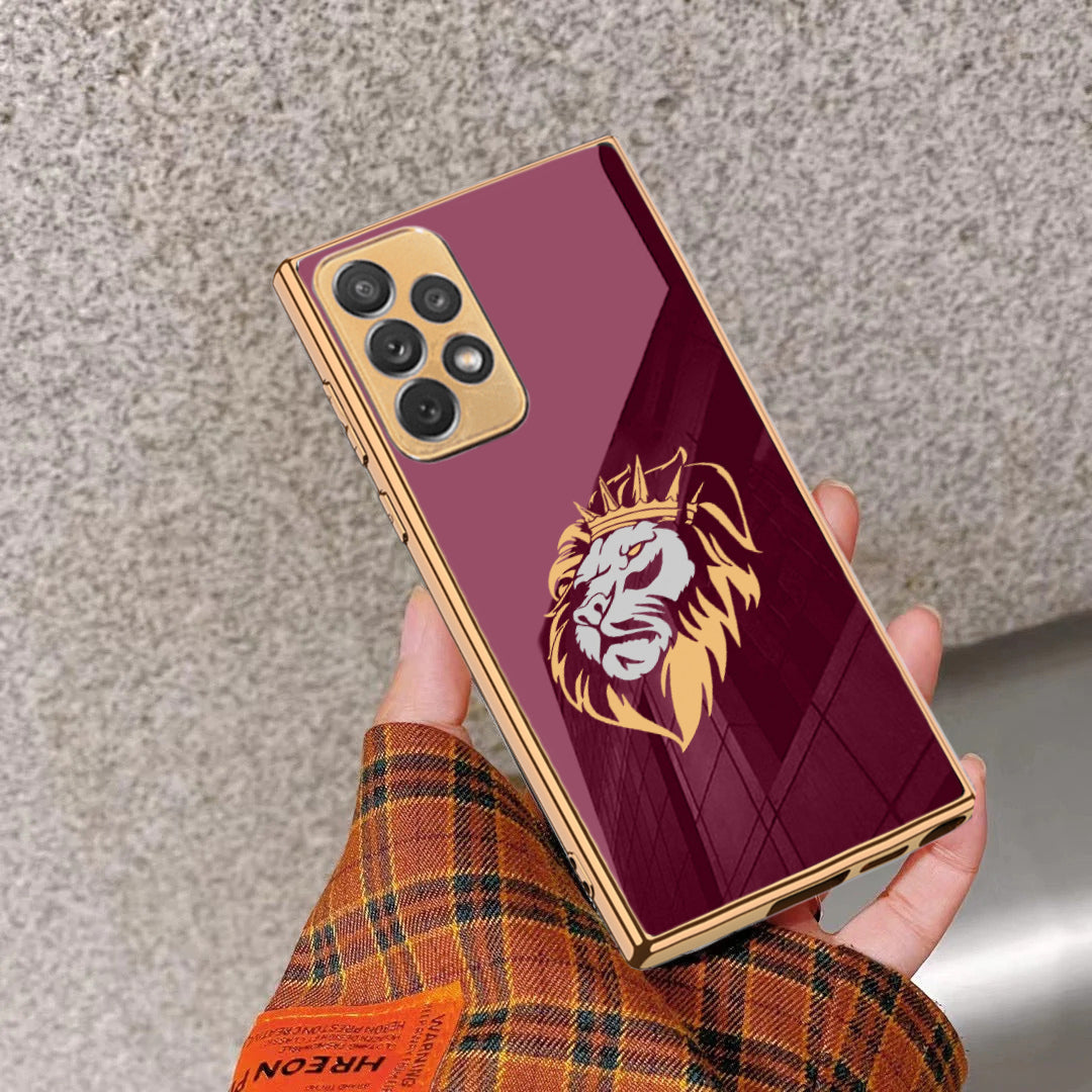 Luxury Lion Glass Back Case With Golden Edges For Samsung A73