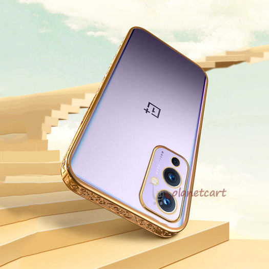 Premium Luxury 3D Flower Carved Plating Electroplated Side Frame Transparent Back Case Cover for OnePlus 9