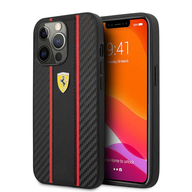 Ferrari Black Pu Leather Carbon Effect & Central Smooth Stripe Back Case with Metal Logo for iPhone 13 Pro - Premium Cases