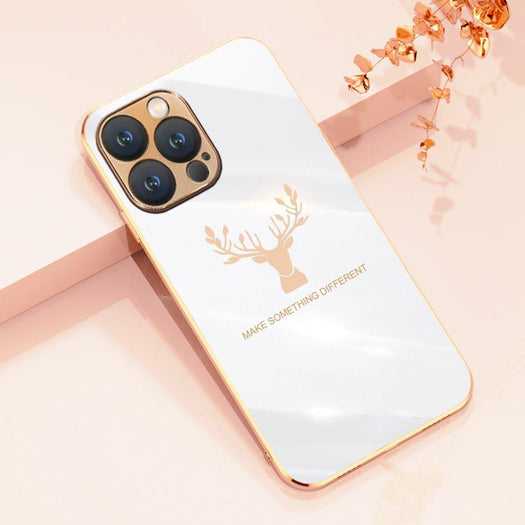 Luxurious Deer Glass Back Case With Golden Edges For iPhone 13 Pro Max