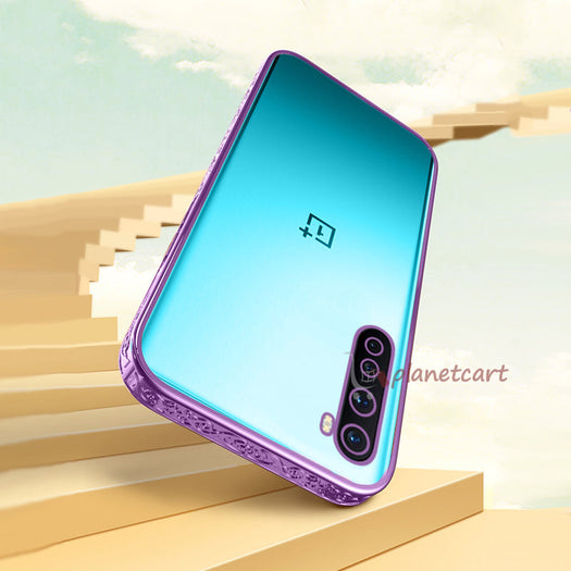 Premium Luxury 3D Flower Carved Plating Electroplated Side Frame Transparent Back Case Cover for OnePlus Nord