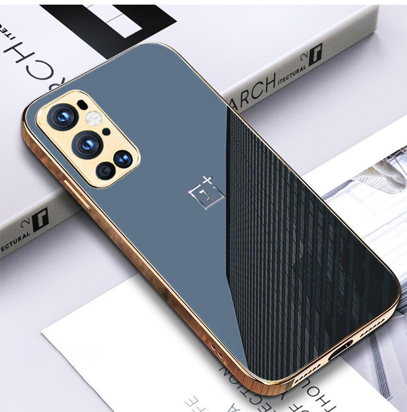 Luxury Glossy Gold Edge Glass Back Case For Oneplus 9 Pro