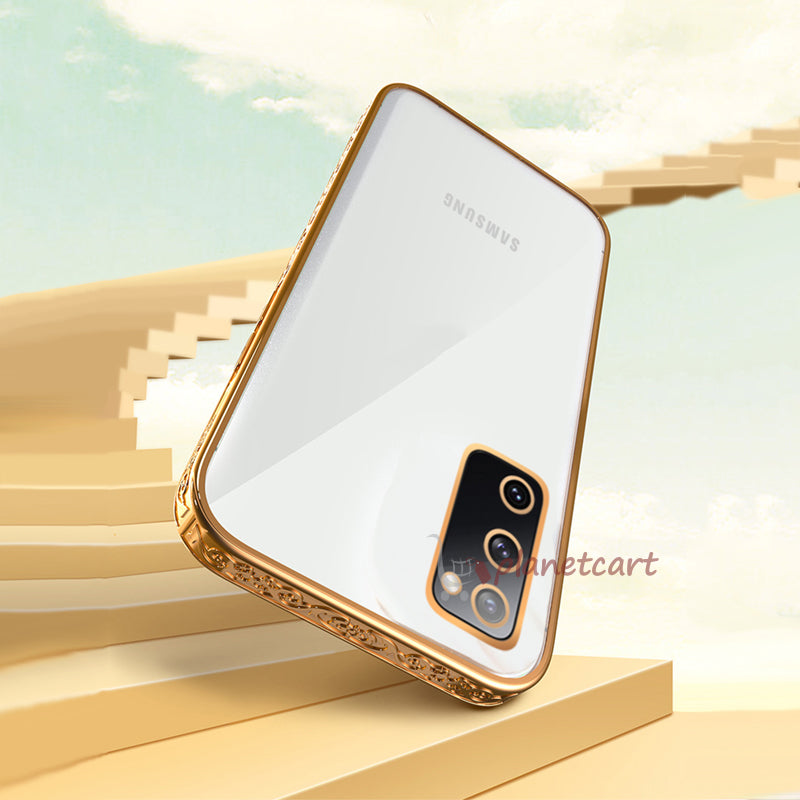 Premium Luxury 3D Flower Carved Plating Electroplated Side Frame Transparent Back Case Cover for Samsung Galaxy S20 FE