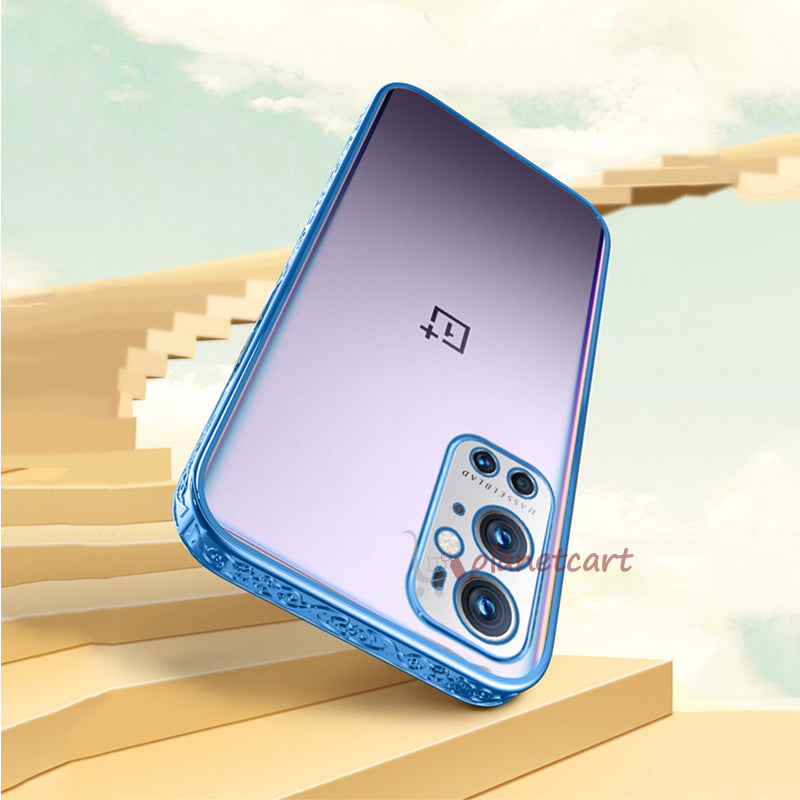 Premium Luxury 3D Flower Carved Plating Electroplated Side Frame Transparent Back Case Cover for OnePlus 9 Pro