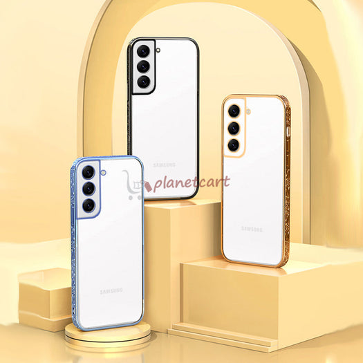 Premium Luxury 3D Flower Carved Plating Electroplated Side Frame Transparent Back Case Cover for Samsung Galaxy S22 Plus