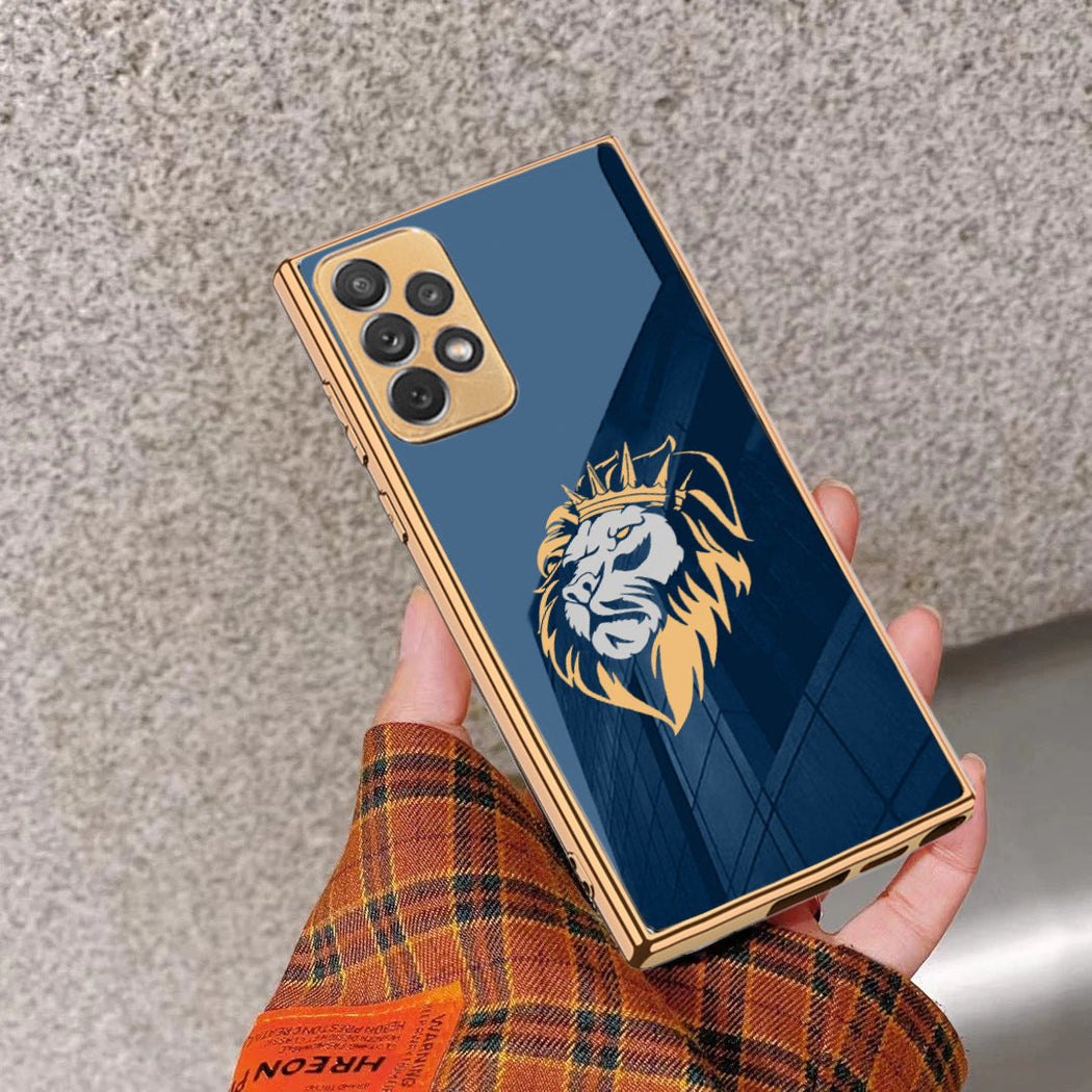 Luxury Lion Glass Back Case With Golden Edges For Samsung A53