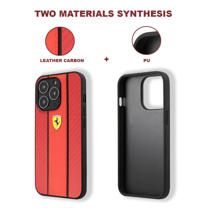 Ferrari Red Pu Leather Carbon Effect & Central Smooth Stripe Back Case with Metal Logo for iPhone 13 Pro Max - Premium Cases
