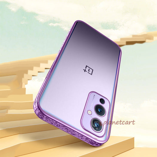 Premium Luxury 3D Flower Carved Plating Electroplated Side Frame Transparent Back Case Cover for OnePlus 9