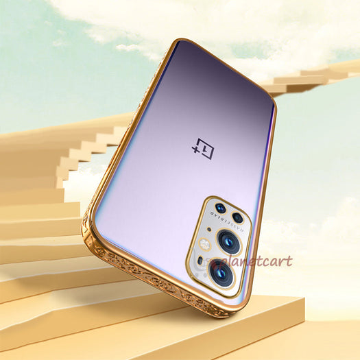 Premium Luxury 3D Flower Carved Plating Electroplated Side Frame Transparent Back Case Cover for OnePlus 9 Pro